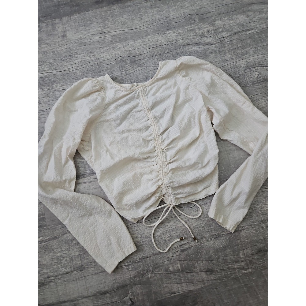 Free People Cream Ruched Drawstring Crop Blouse Open Keyhole Back Swiss Dot M